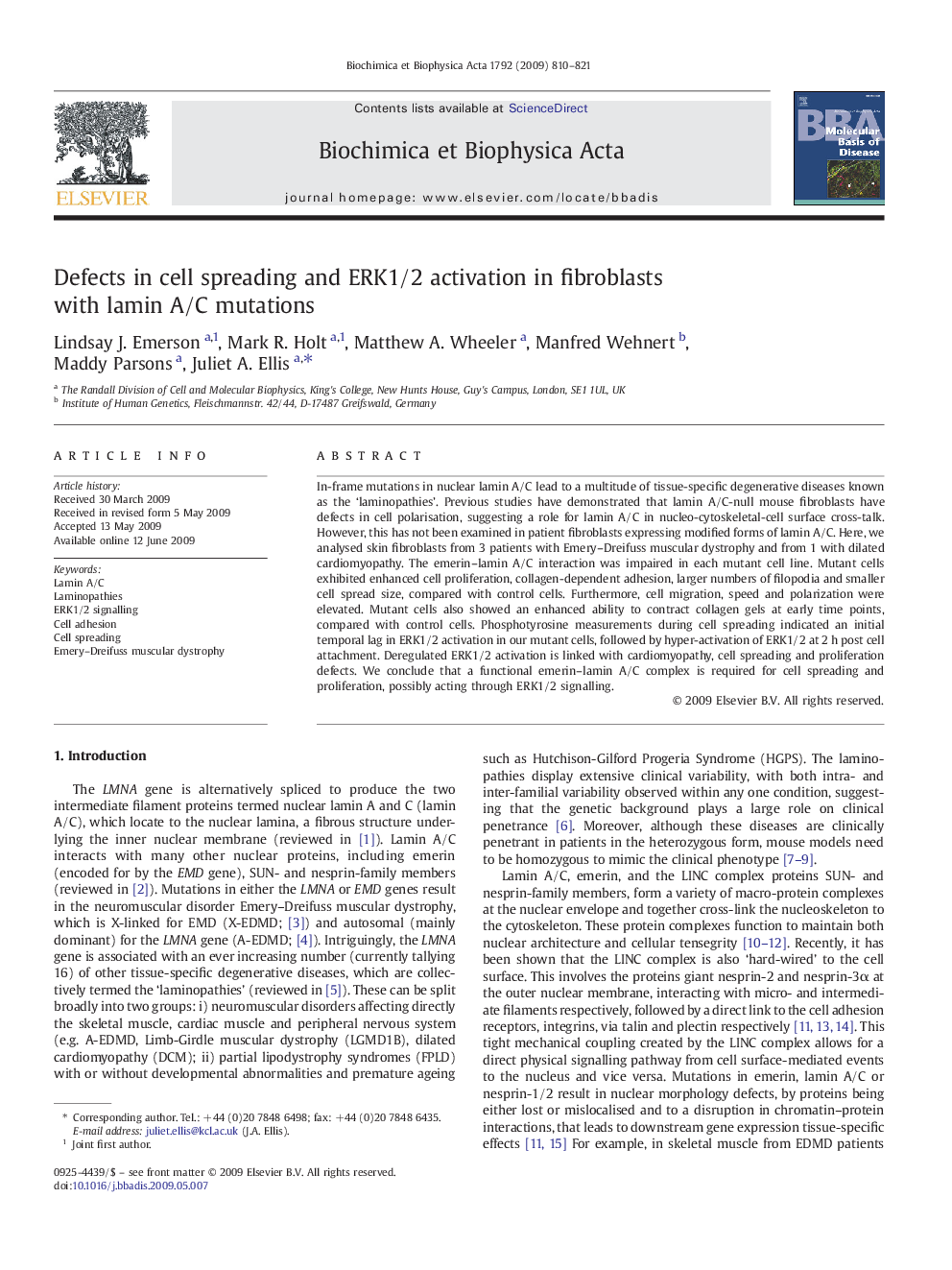 Defects in cell spreading and ERK1/2 activation in fibroblasts with lamin A/C mutations