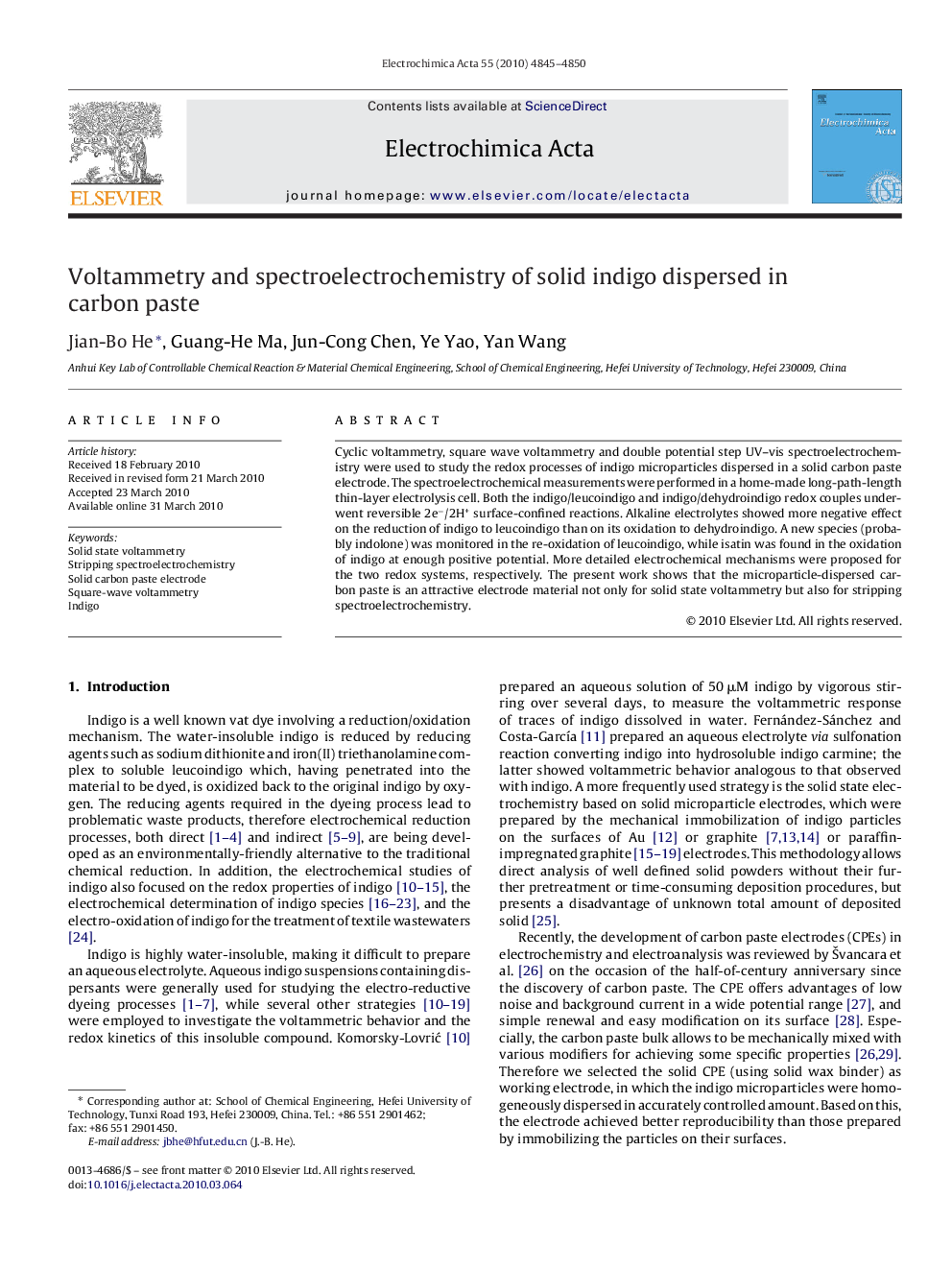 Voltammetry and spectroelectrochemistry of solid indigo dispersed in carbon paste