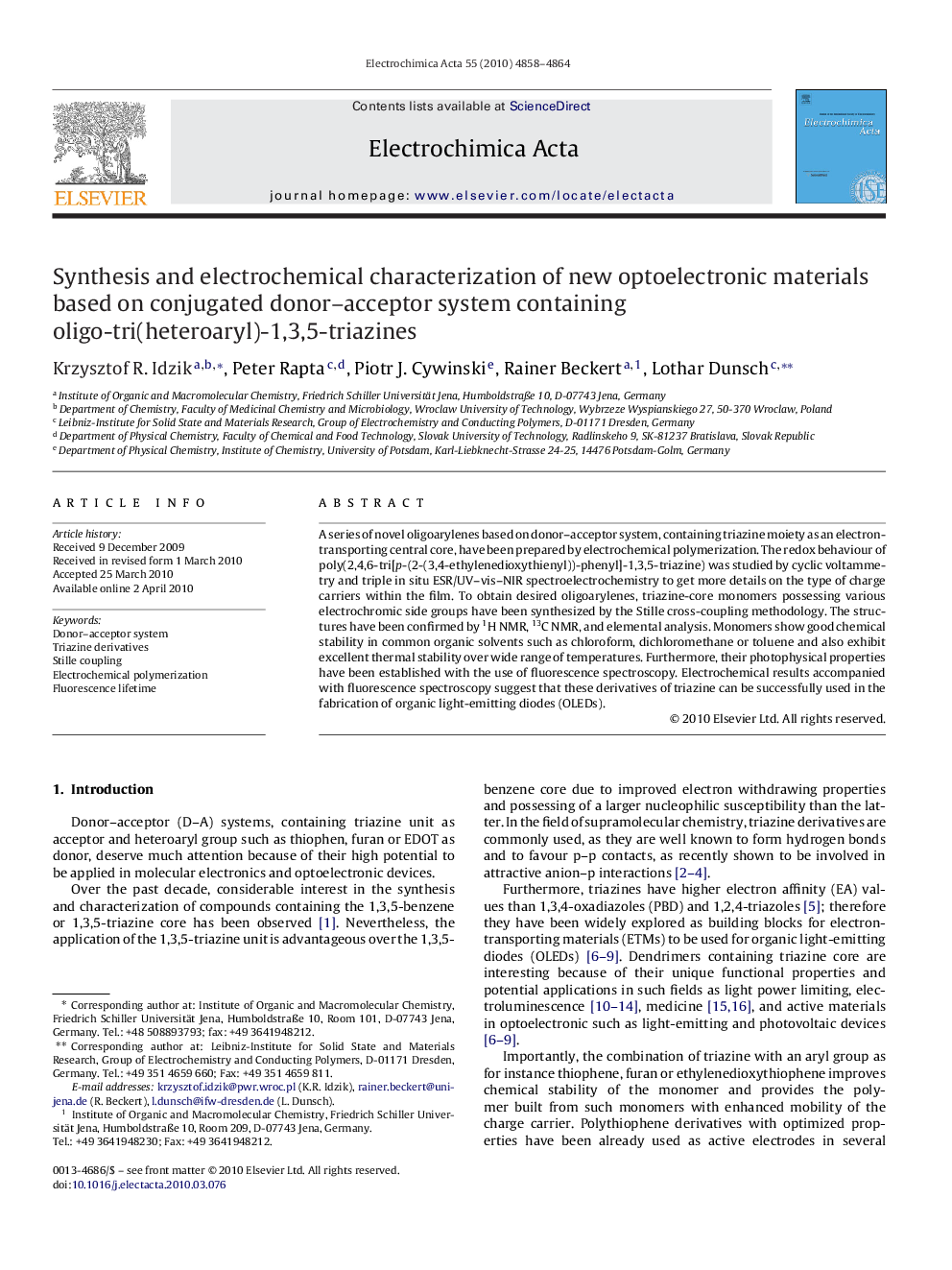 Synthesis and electrochemical characterization of new optoelectronic materials based on conjugated donor–acceptor system containing oligo-tri(heteroaryl)-1,3,5-triazines