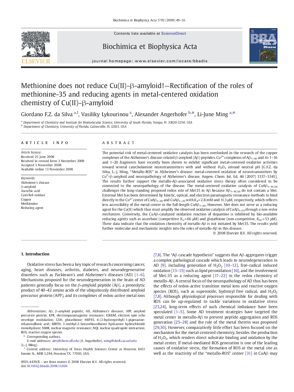 Methionine does not reduce Cu(II)–β-amyloid!—Rectification of the roles of methionine-35 and reducing agents in metal-centered oxidation chemistry of Cu(II)–β-amyloid