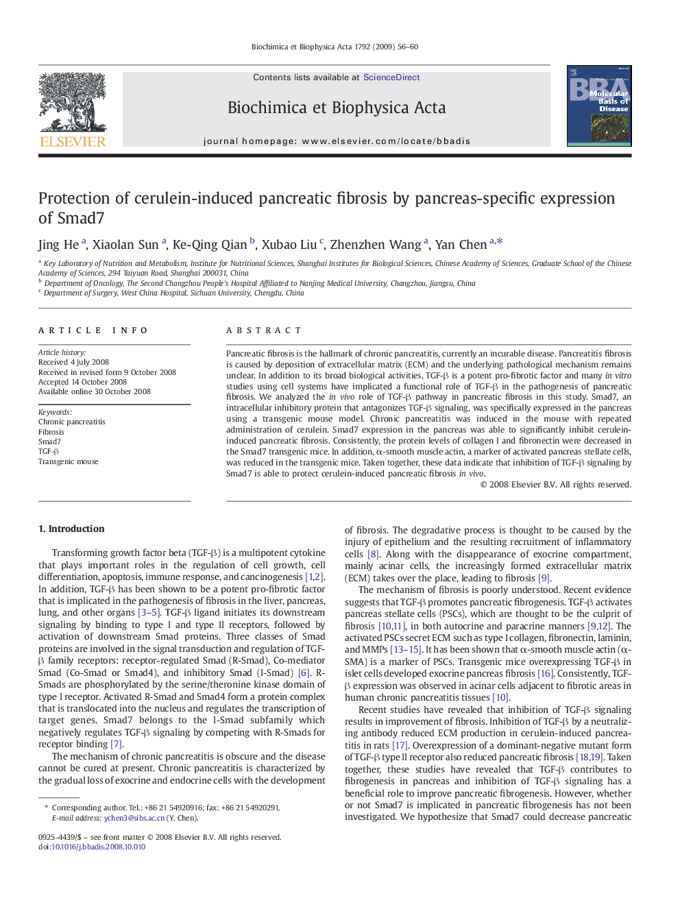 Protection of cerulein-induced pancreatic fibrosis by pancreas-specific expression of Smad7