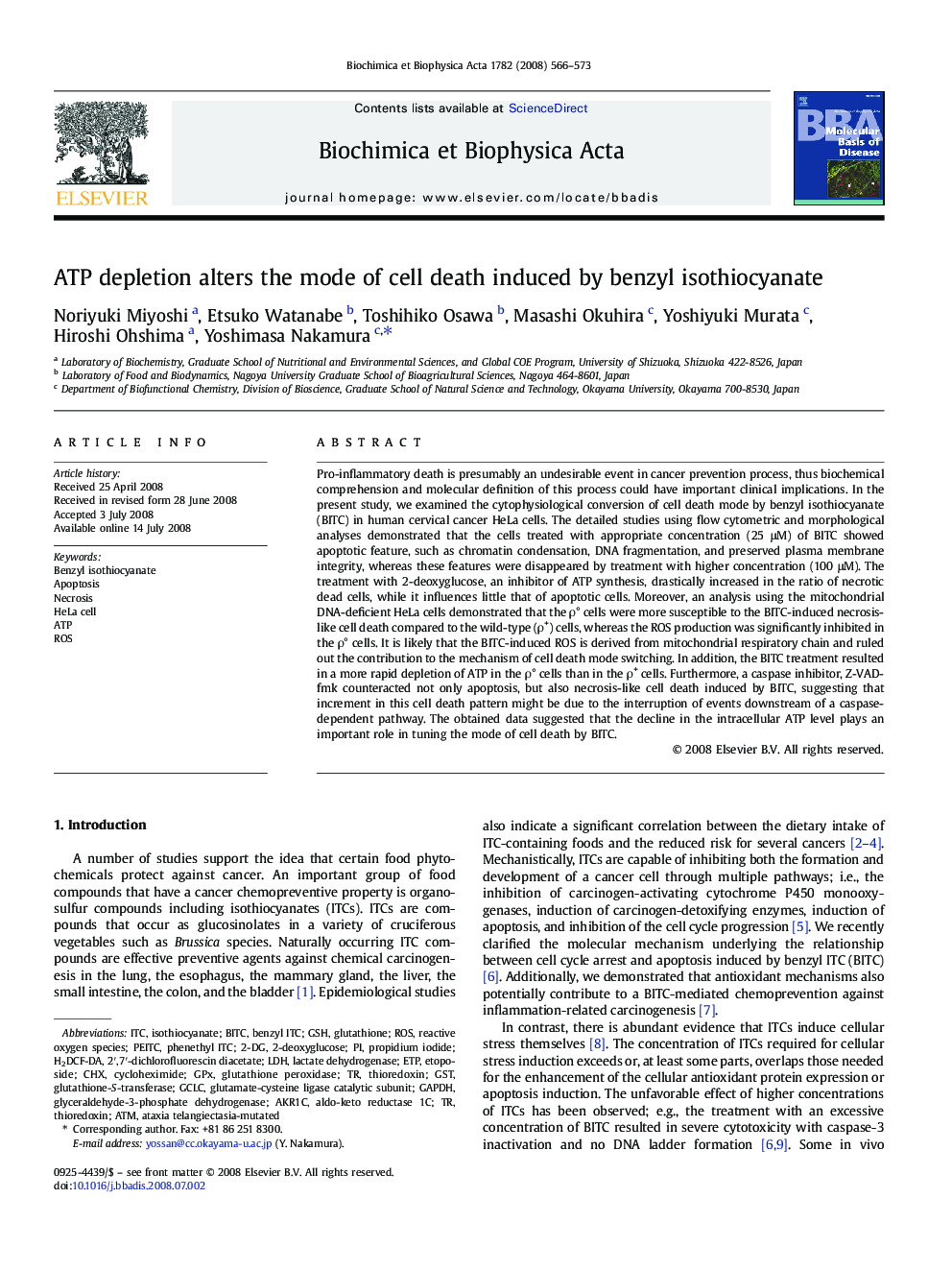 ATP depletion alters the mode of cell death induced by benzyl isothiocyanate