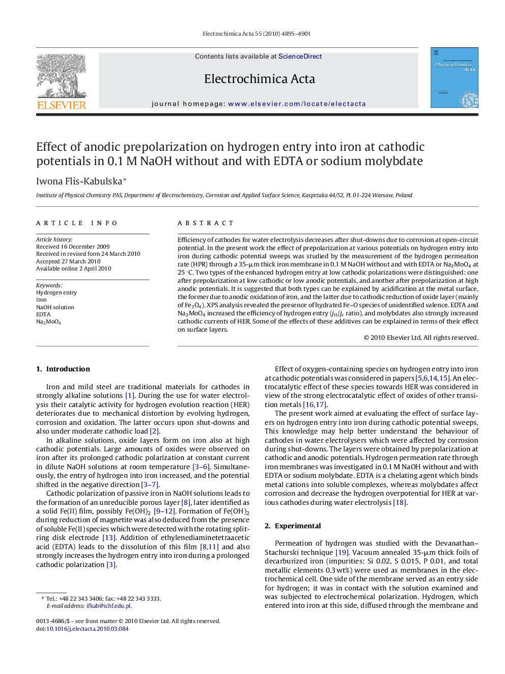 Effect of anodic prepolarization on hydrogen entry into iron at cathodic potentials in 0.1 M NaOH without and with EDTA or sodium molybdate