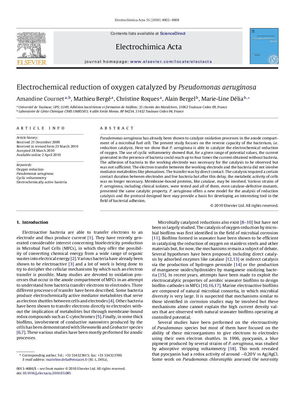 Electrochemical reduction of oxygen catalyzed by Pseudomonas aeruginosa