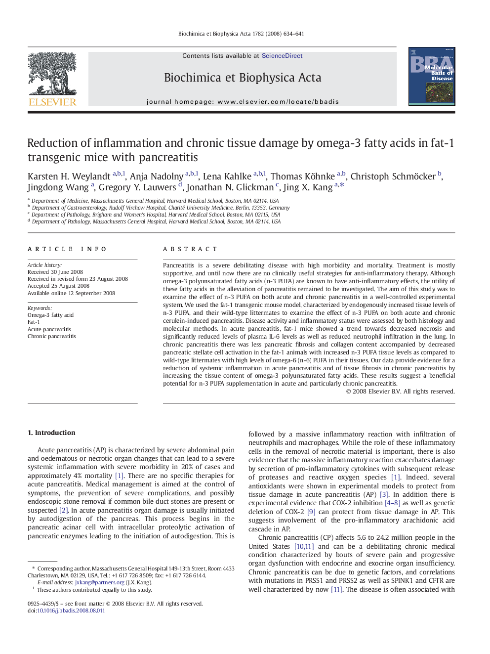 Reduction of inflammation and chronic tissue damage by omega-3 fatty acids in fat-1 transgenic mice with pancreatitis