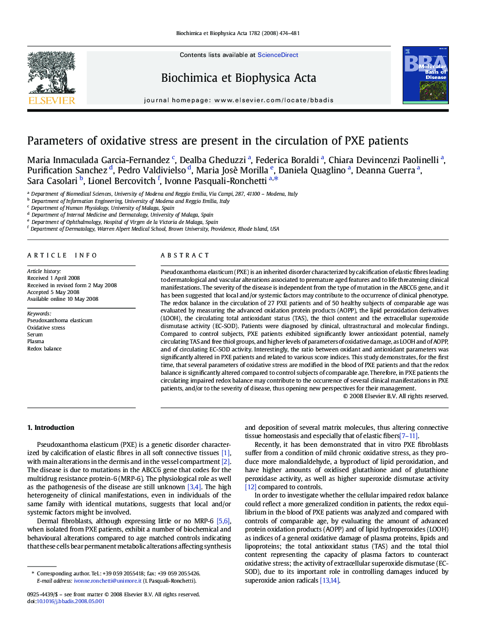 Parameters of oxidative stress are present in the circulation of PXE patients