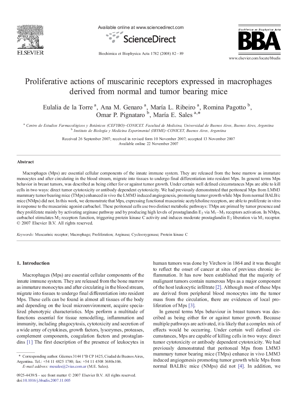 Proliferative actions of muscarinic receptors expressed in macrophages derived from normal and tumor bearing mice