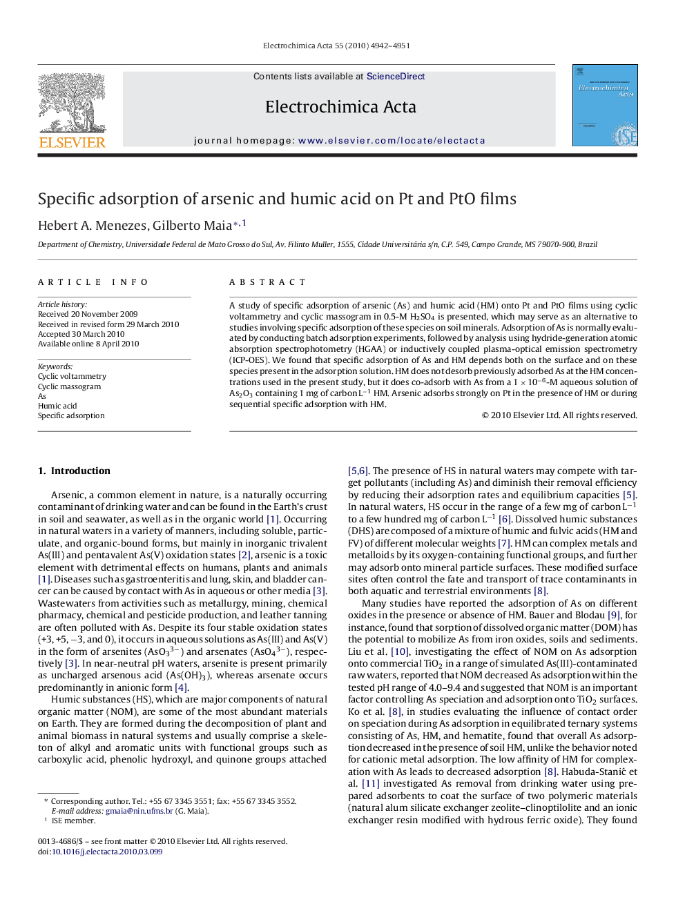 Specific adsorption of arsenic and humic acid on Pt and PtO films