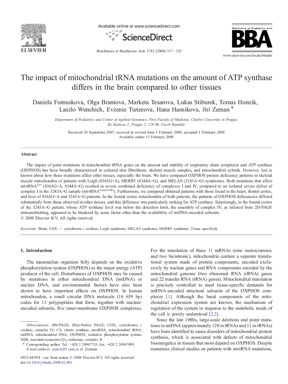 The impact of mitochondrial tRNA mutations on the amount of ATP synthase differs in the brain compared to other tissues