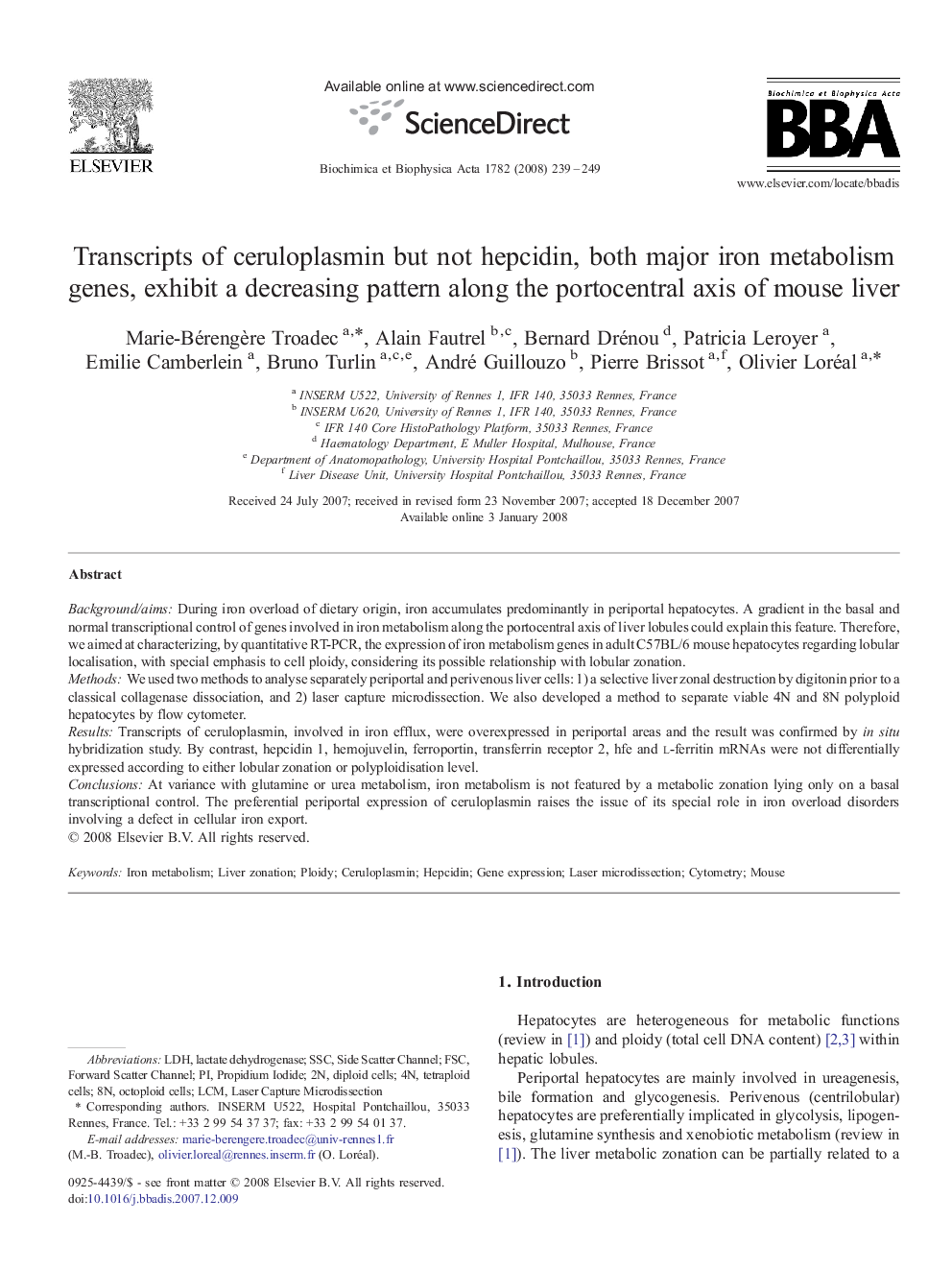 Transcripts of ceruloplasmin but not hepcidin, both major iron metabolism genes, exhibit a decreasing pattern along the portocentral axis of mouse liver