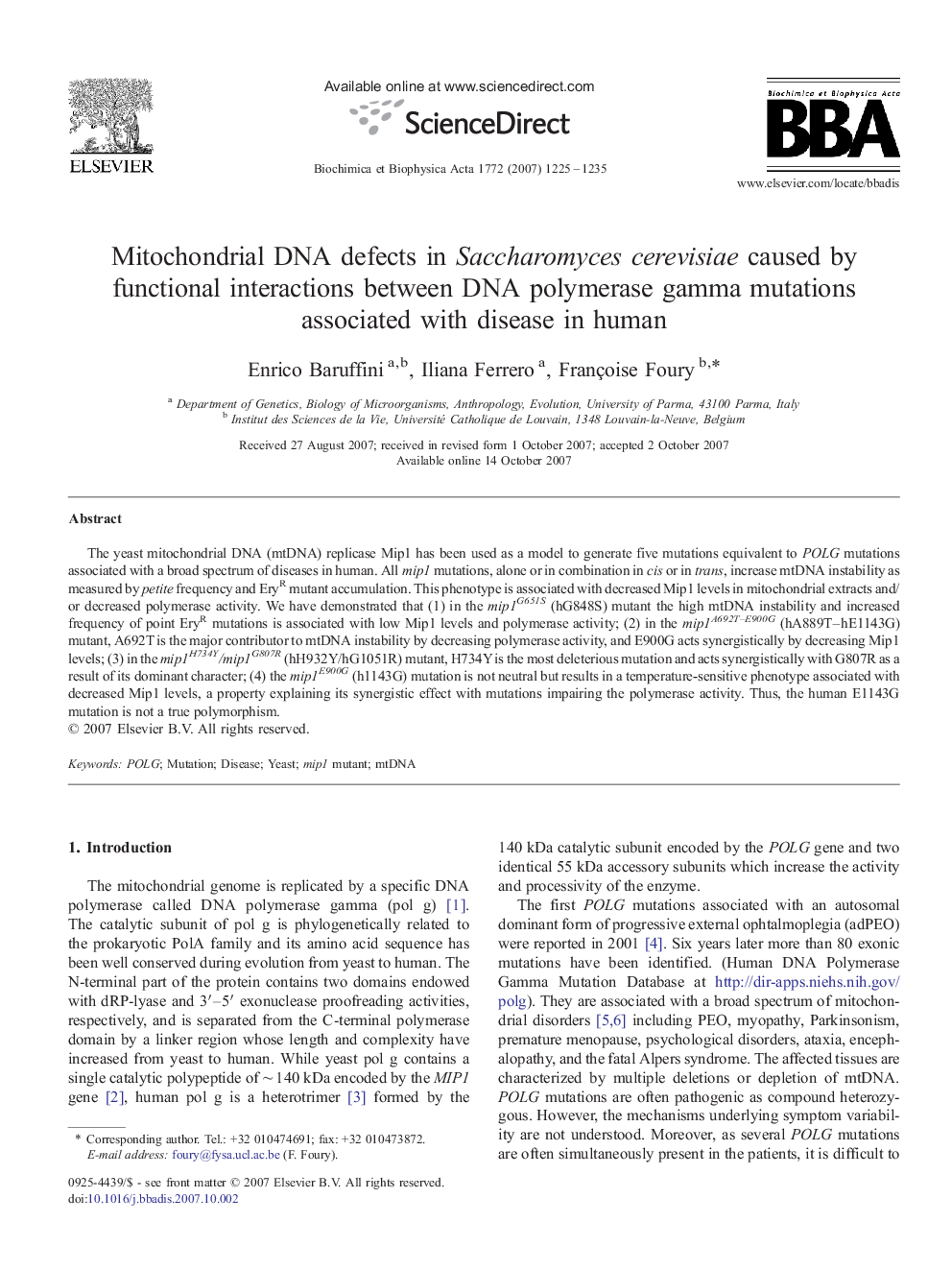 Mitochondrial DNA defects in Saccharomyces cerevisiae caused by functional interactions between DNA polymerase gamma mutations associated with disease in human