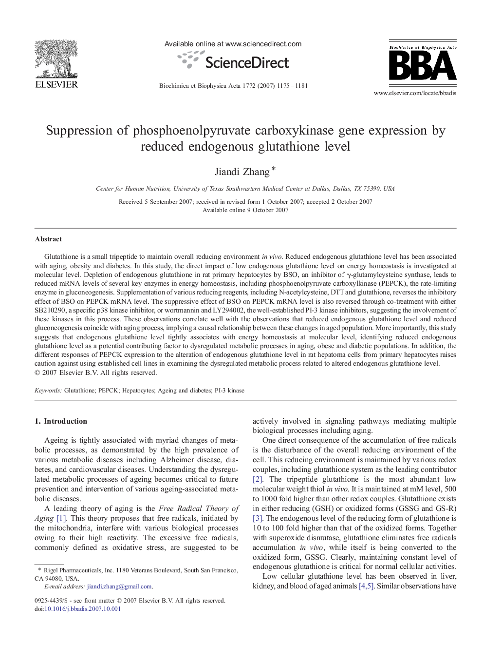 Suppression of phosphoenolpyruvate carboxykinase gene expression by reduced endogenous glutathione level