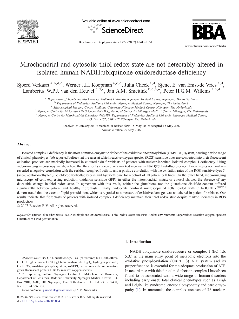 Mitochondrial and cytosolic thiol redox state are not detectably altered in isolated human NADH:ubiquinone oxidoreductase deficiency