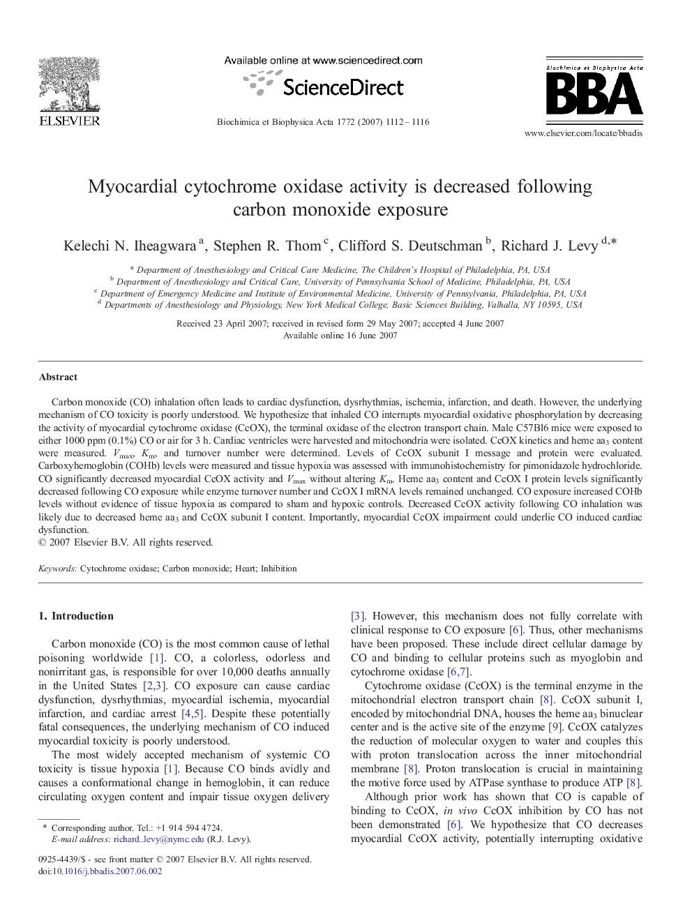 Myocardial cytochrome oxidase activity is decreased following carbon monoxide exposure