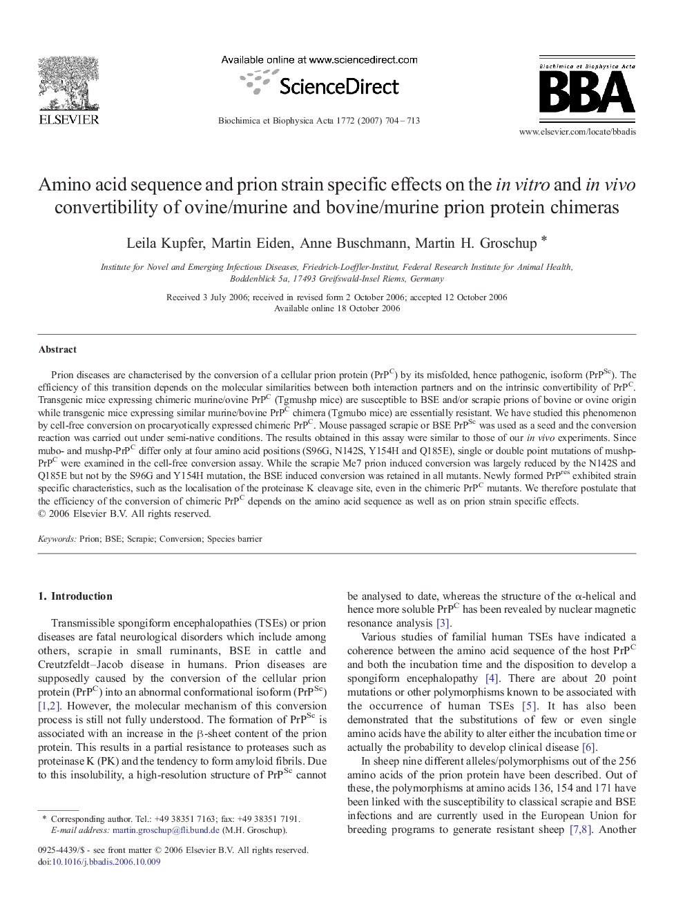 Amino acid sequence and prion strain specific effects on the in vitro and in vivo convertibility of ovine/murine and bovine/murine prion protein chimeras