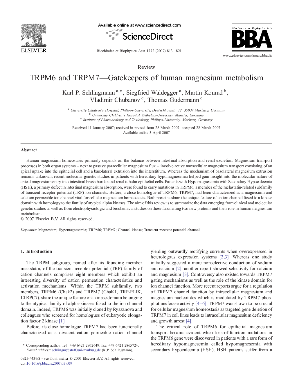 TRPM6 and TRPM7—Gatekeepers of human magnesium metabolism