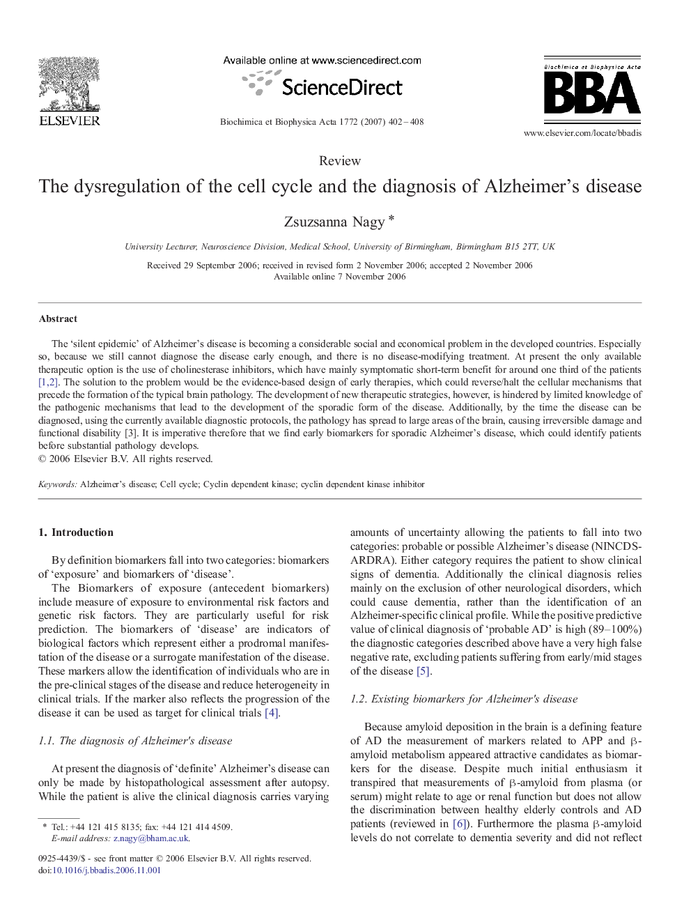 The dysregulation of the cell cycle and the diagnosis of Alzheimer's disease