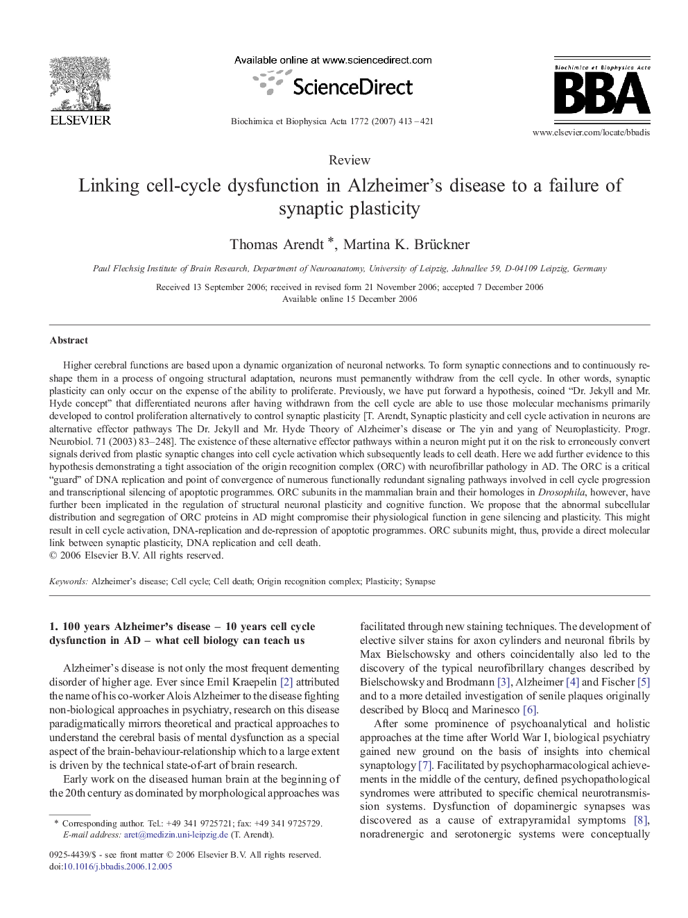 Linking cell-cycle dysfunction in Alzheimer's disease to a failure of synaptic plasticity