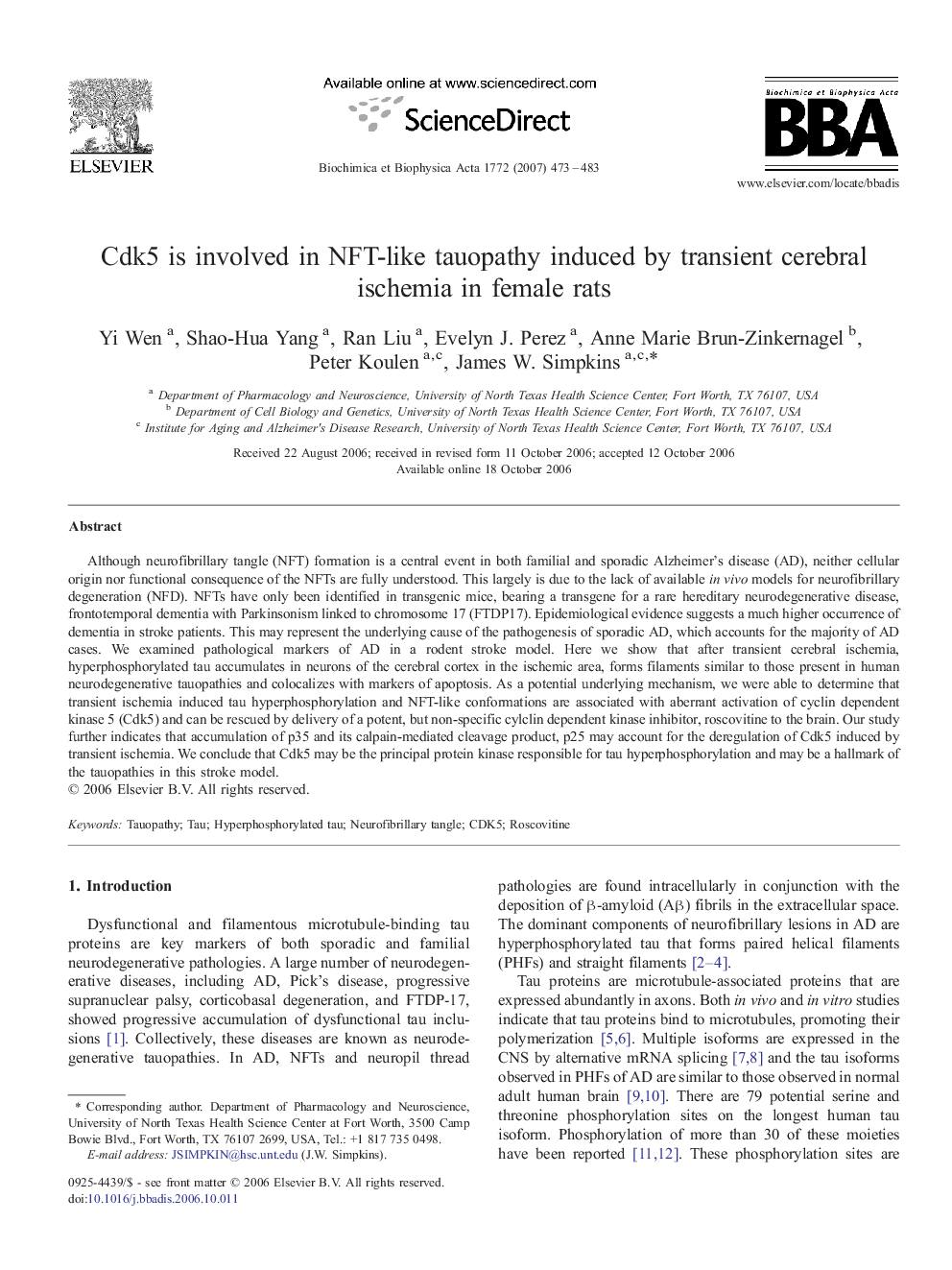 Cdk5 is involved in NFT-like tauopathy induced by transient cerebral ischemia in female rats