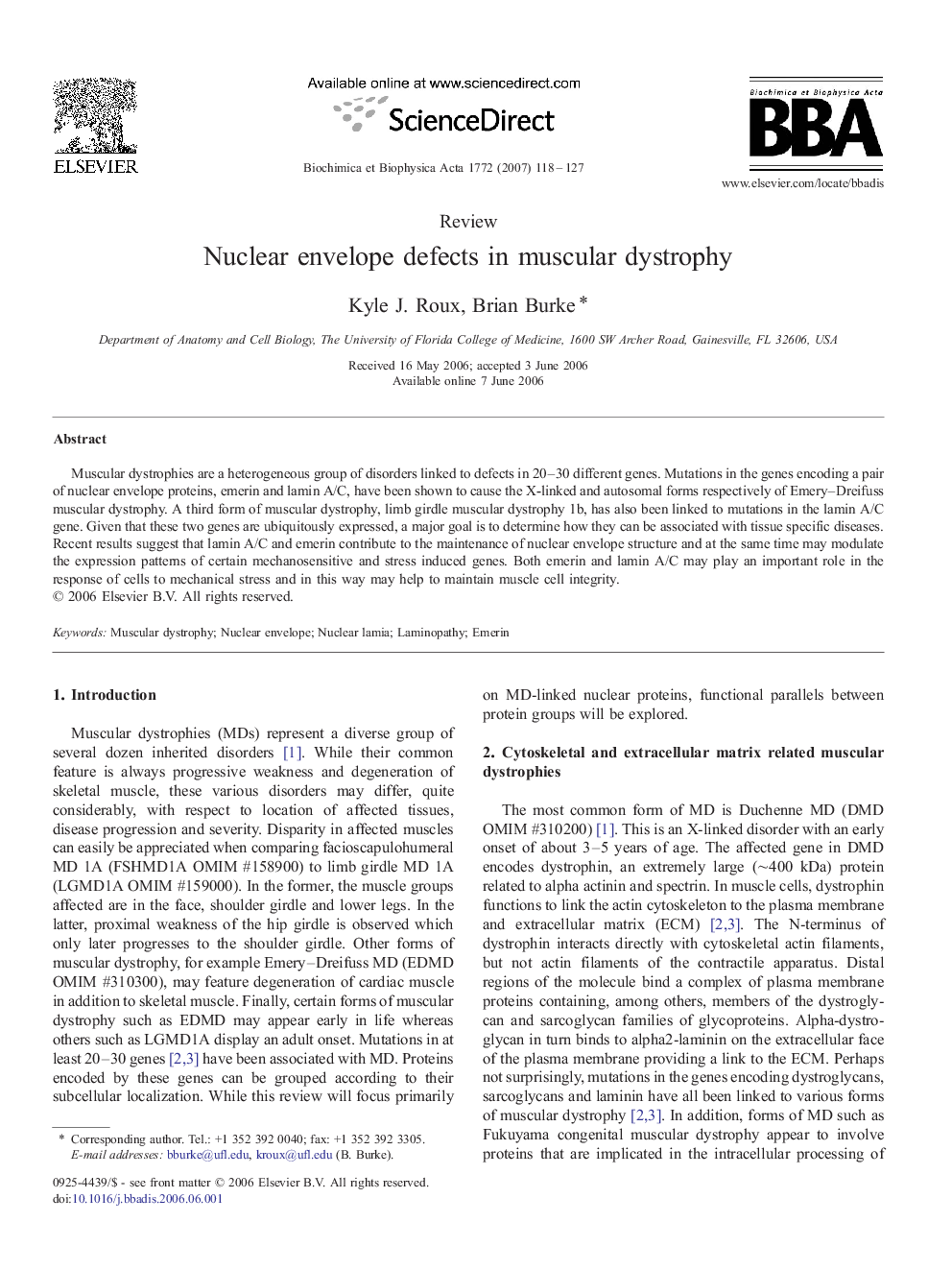 Nuclear envelope defects in muscular dystrophy