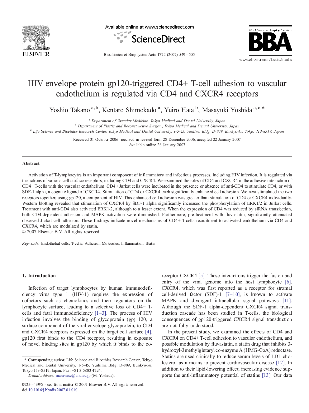 HIV envelope protein gp120-triggered CD4+ T-cell adhesion to vascular endothelium is regulated via CD4 and CXCR4 receptors