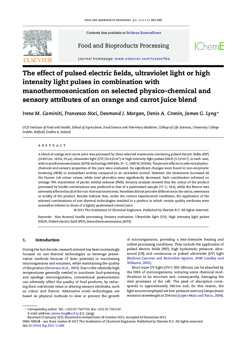 The effect of pulsed electric fields, ultraviolet light or high intensity light pulses in combination with manothermosonication on selected physico-chemical and sensory attributes of an orange and carrot juice blend