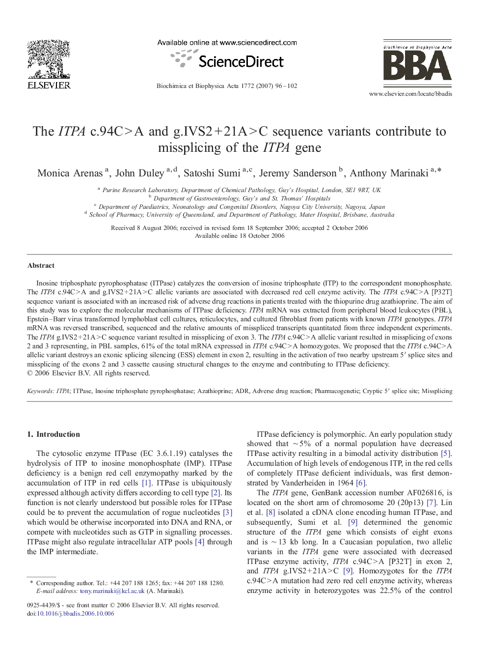 The ITPA c.94C > A and g.IVS2 + 21A > C sequence variants contribute to missplicing of the ITPA gene