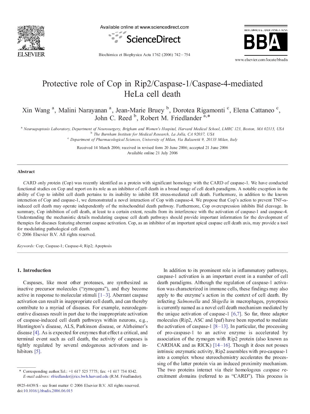 Protective role of Cop in Rip2/Caspase-1/Caspase-4-mediated HeLa cell death