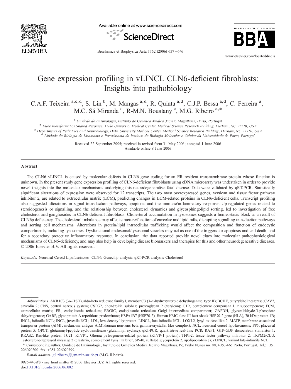 Gene expression profiling in vLINCL CLN6-deficient fibroblasts: Insights into pathobiology