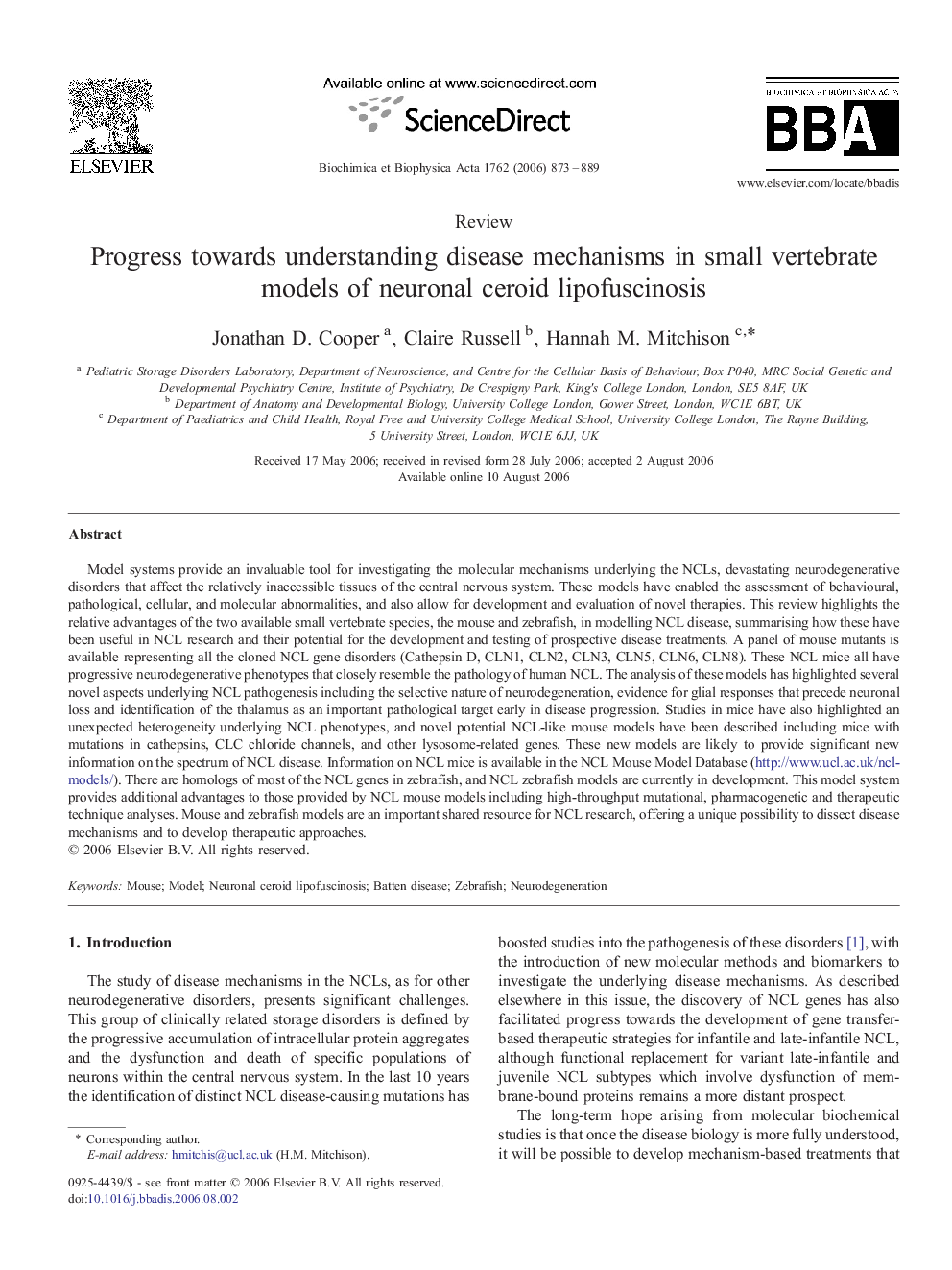 Progress towards understanding disease mechanisms in small vertebrate models of neuronal ceroid lipofuscinosis