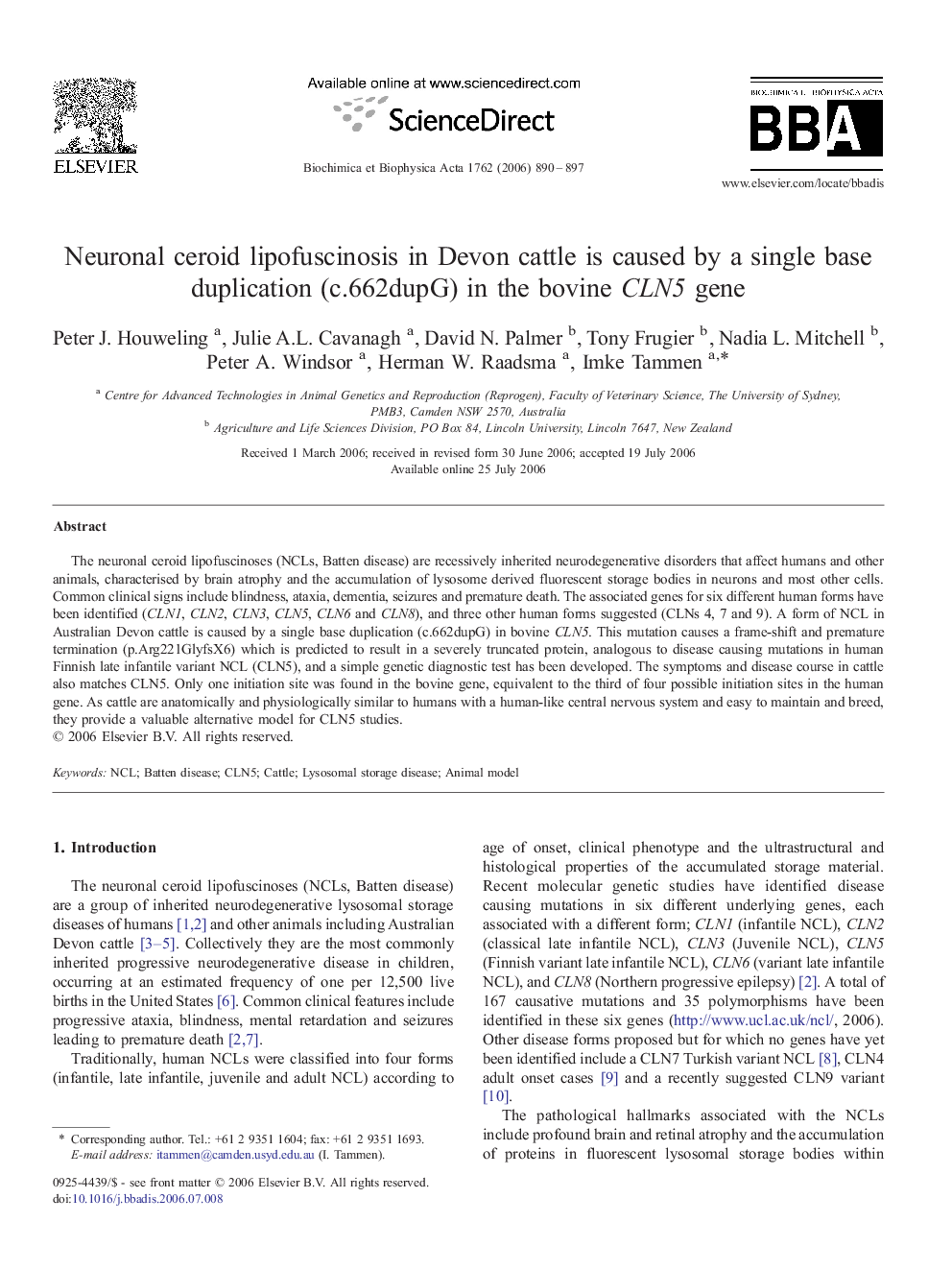 Neuronal ceroid lipofuscinosis in Devon cattle is caused by a single base duplication (c.662dupG) in the bovine CLN5 gene