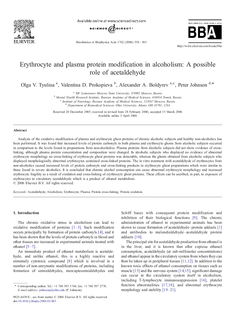 Erythrocyte and plasma protein modification in alcoholism: A possible role of acetaldehyde