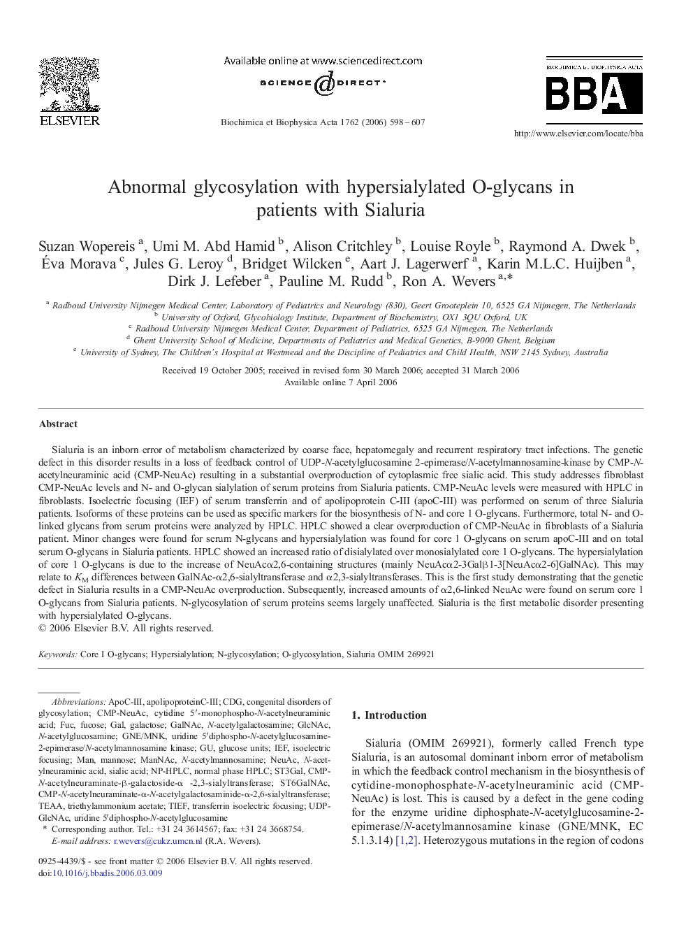 Abnormal glycosylation with hypersialylated O-glycans in patients with Sialuria