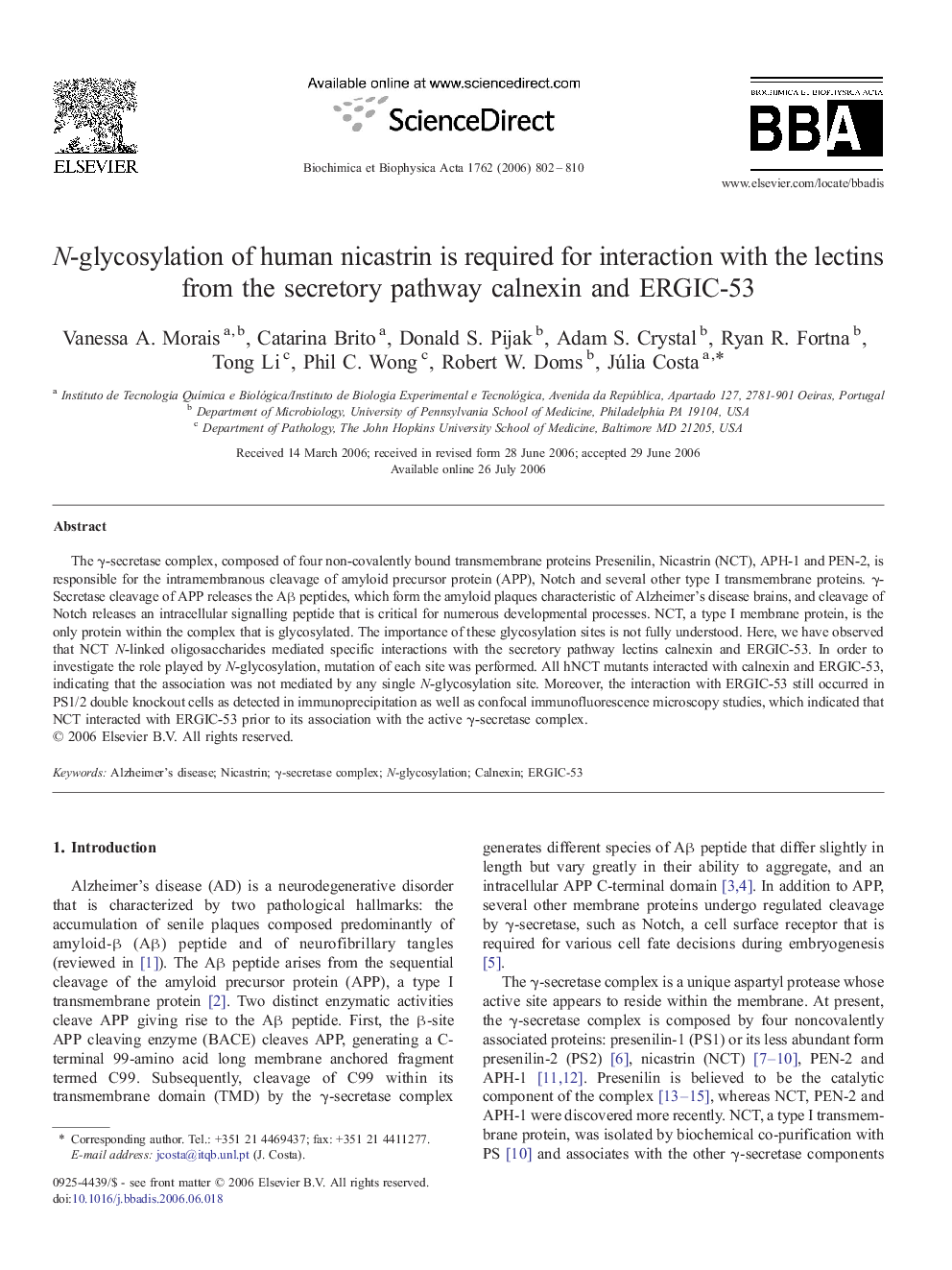 N-glycosylation of human nicastrin is required for interaction with the lectins from the secretory pathway calnexin and ERGIC-53