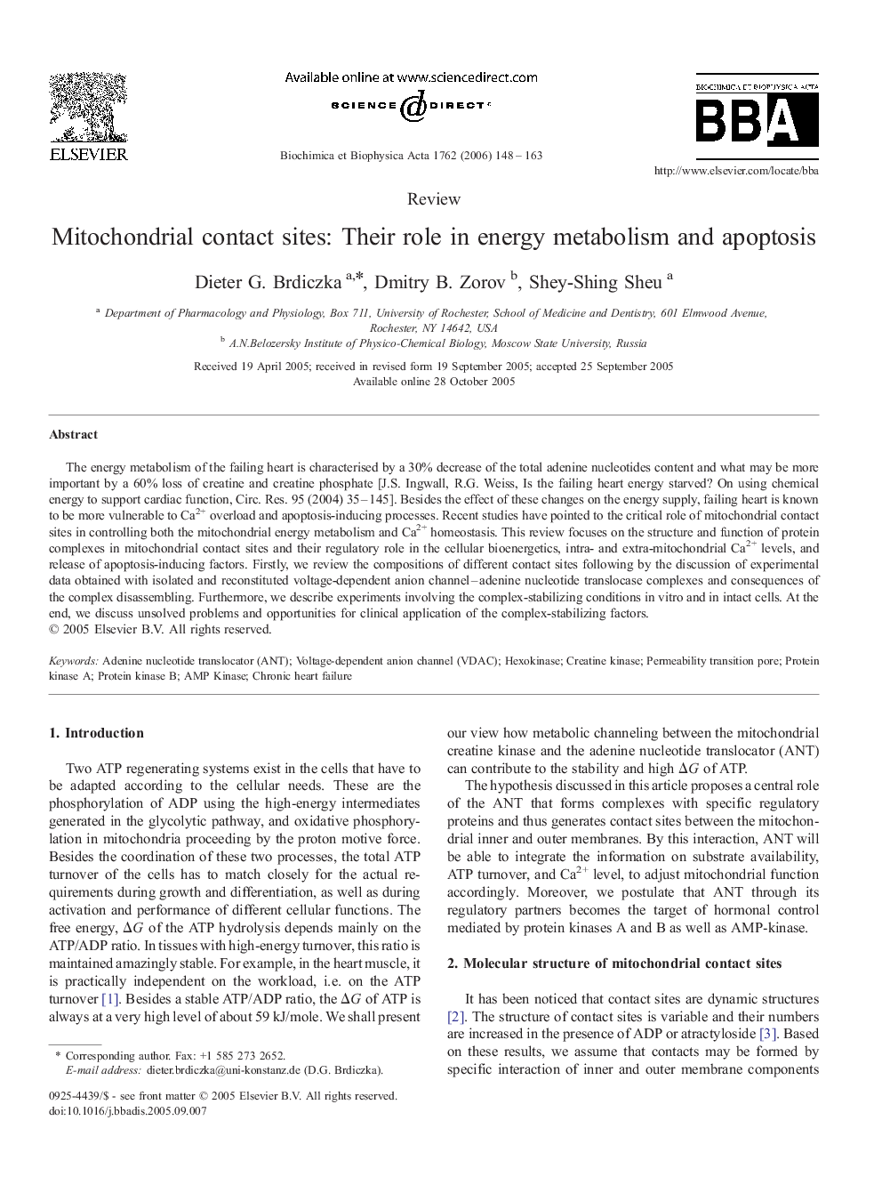 Mitochondrial contact sites: Their role in energy metabolism and apoptosis