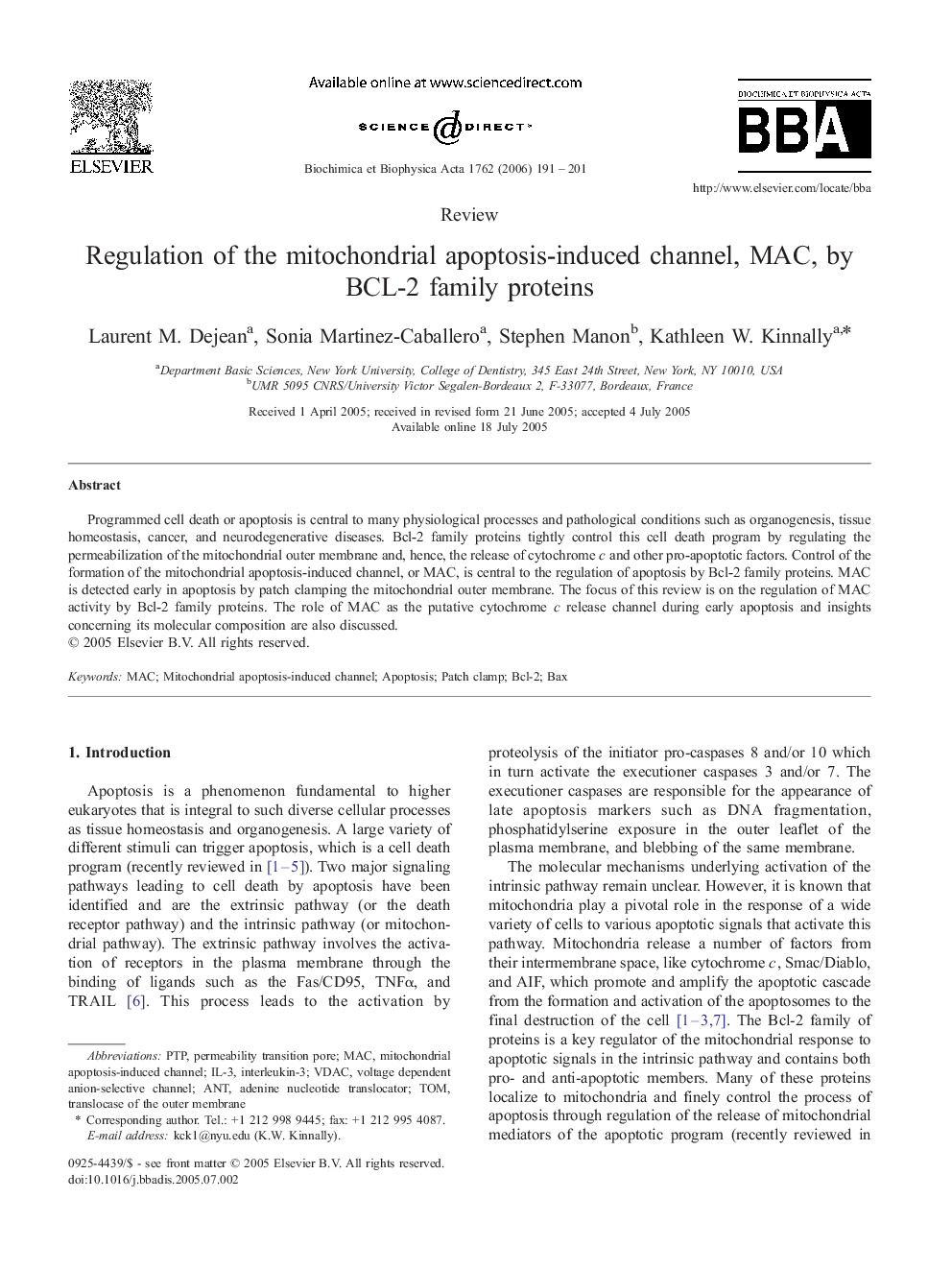 Regulation of the mitochondrial apoptosis-induced channel, MAC, by BCL-2 family proteins