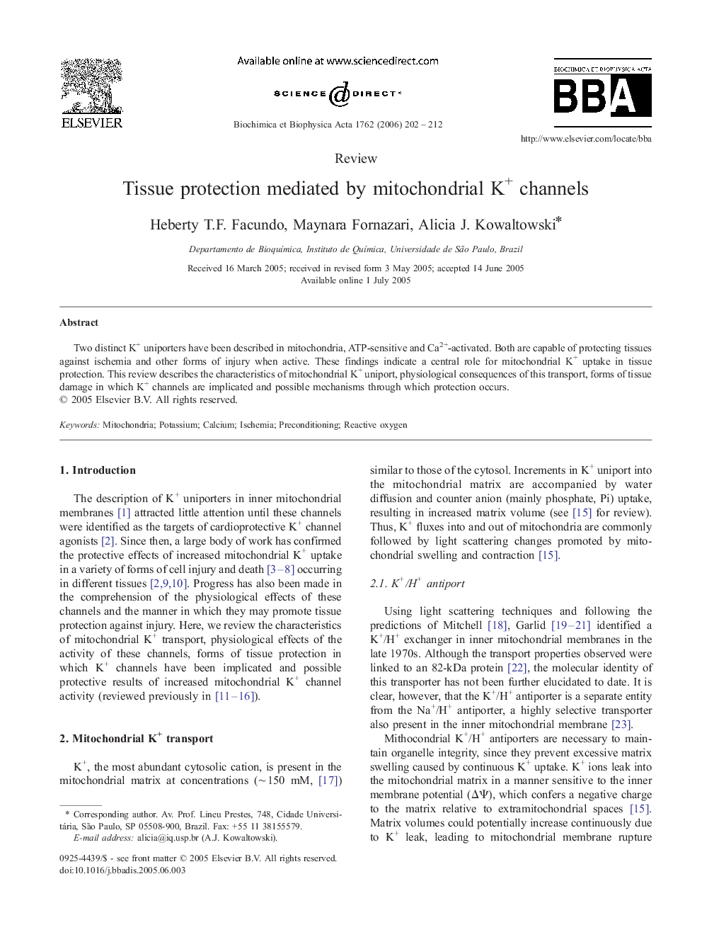 Tissue protection mediated by mitochondrial K+ channels