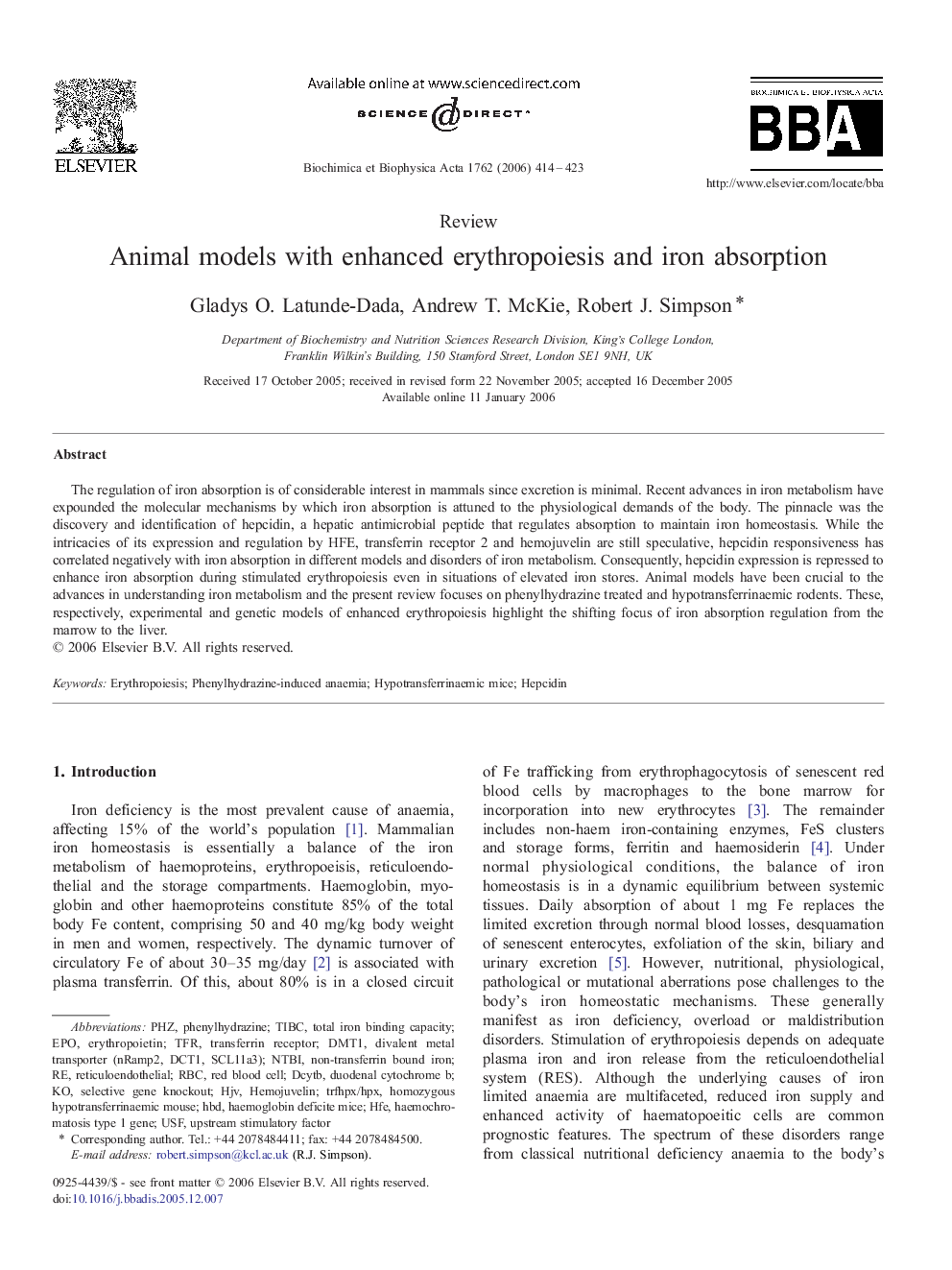 Animal models with enhanced erythropoiesis and iron absorption