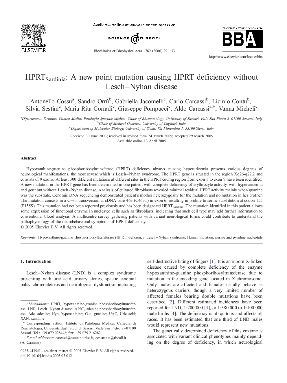 HPRTSardinia: a new point mutation causing HPRT deficiency without Lesch–Nyhan disease