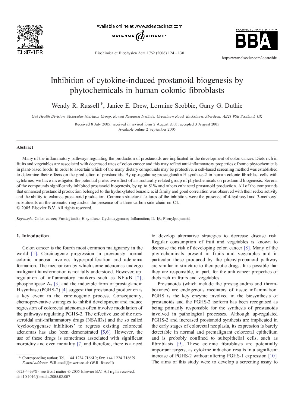 Inhibition of cytokine-induced prostanoid biogenesis by phytochemicals in human colonic fibroblasts