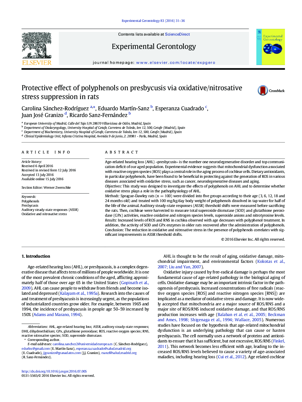 Protective effect of polyphenols on presbycusis via oxidative/nitrosative stress suppression in rats