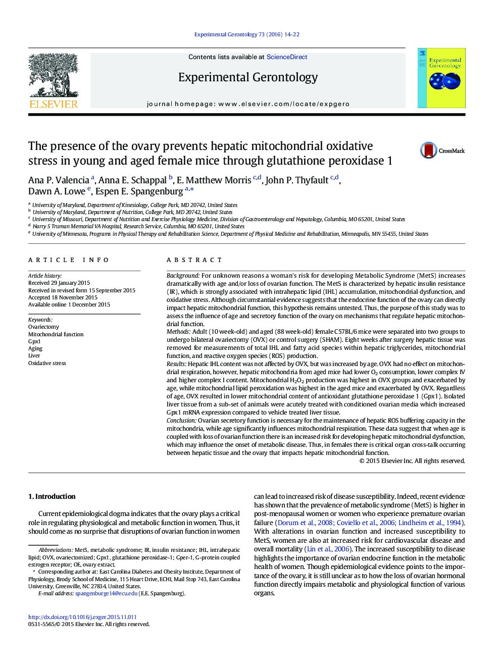 The presence of the ovary prevents hepatic mitochondrial oxidative stress in young and aged female mice through glutathione peroxidase 1