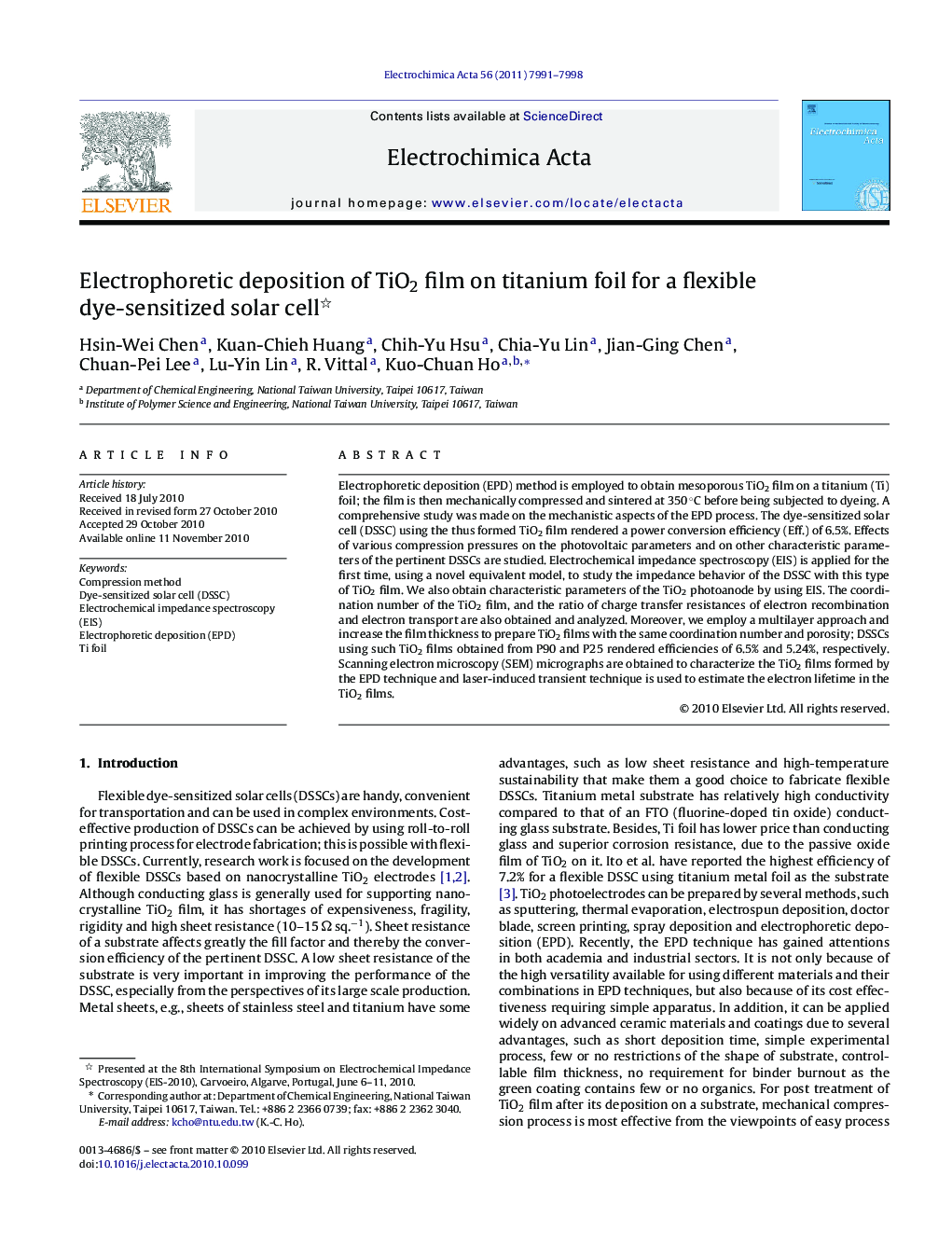 Electrophoretic deposition of TiO2 film on titanium foil for a flexible dye-sensitized solar cell 