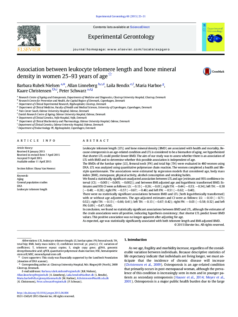 Association between leukocyte telomere length and bone mineral density in women 25–93 years of age 