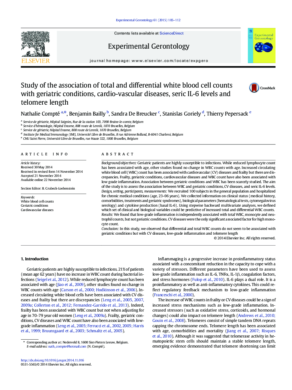 Study of the association of total and differential white blood cell counts with geriatric conditions, cardio-vascular diseases, seric IL-6 levels and telomere length