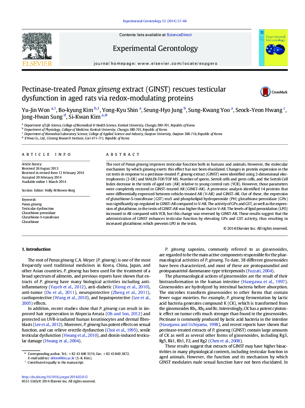 Pectinase-treated Panax ginseng extract (GINST) rescues testicular dysfunction in aged rats via redox-modulating proteins