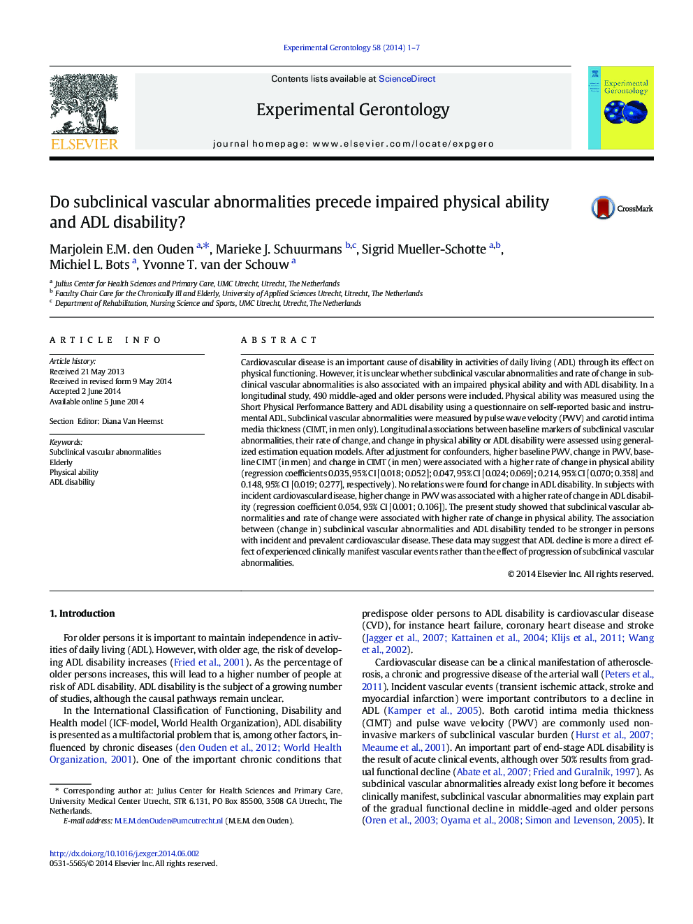 Do subclinical vascular abnormalities precede impaired physical ability and ADL disability?