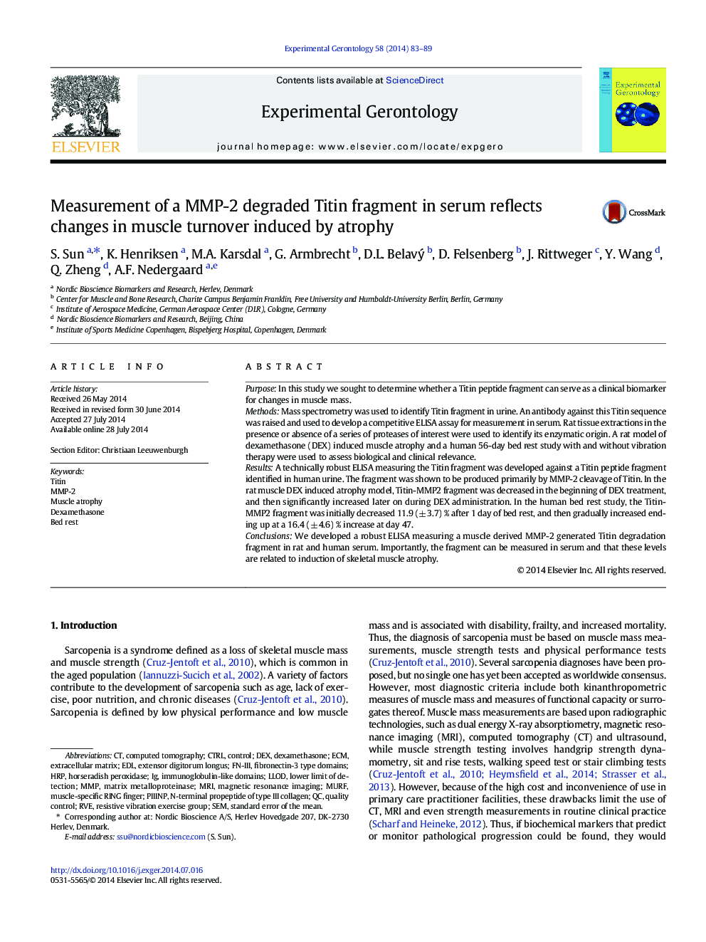 Measurement of a MMP-2 degraded Titin fragment in serum reflects changes in muscle turnover induced by atrophy