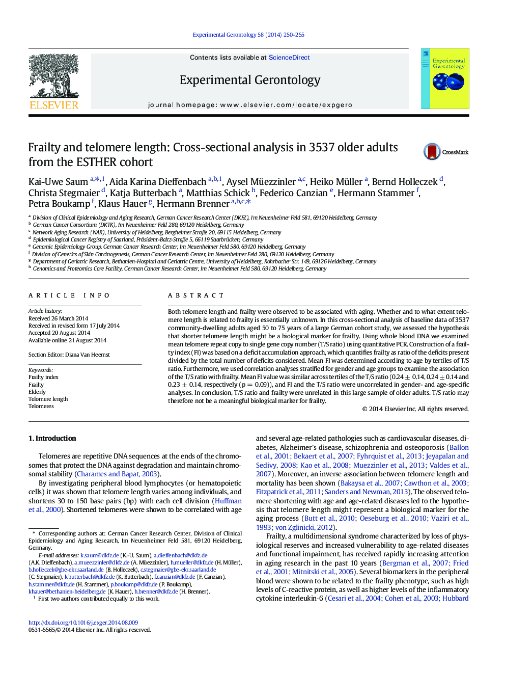 Frailty and telomere length: Cross-sectional analysis in 3537 older adults from the ESTHER cohort