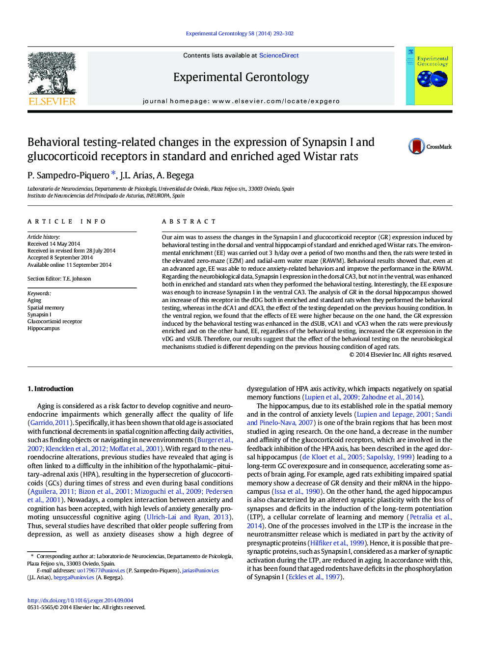 Behavioral testing-related changes in the expression of Synapsin I and glucocorticoid receptors in standard and enriched aged Wistar rats